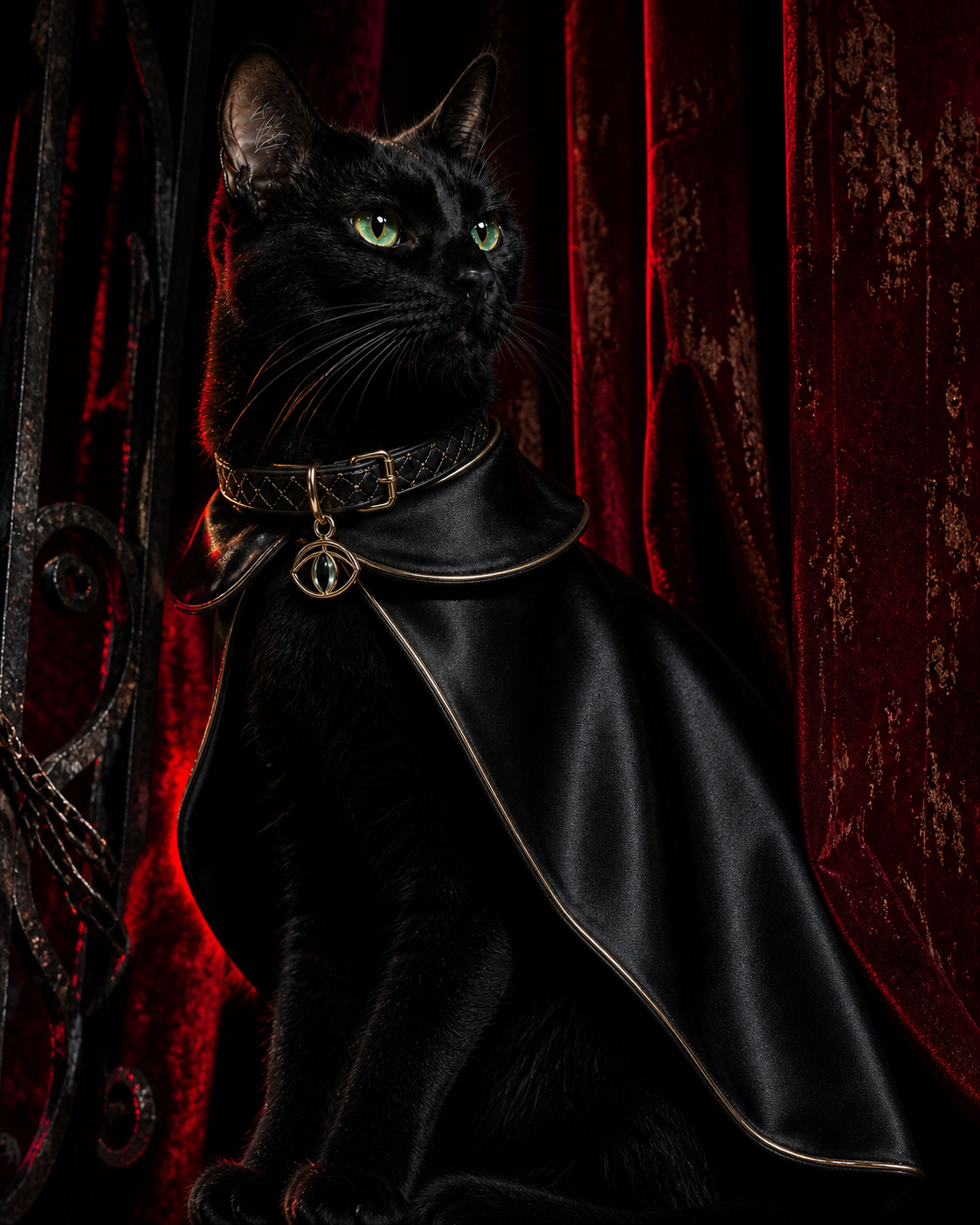 Black cat in IRVA black cape against crimson velvet
