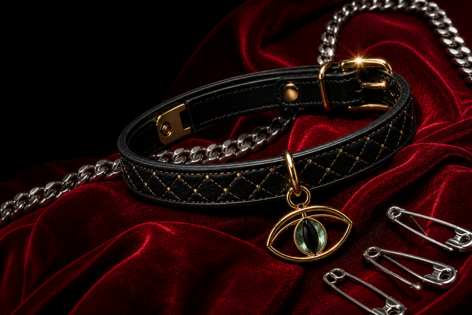 IRVA Eye Collar on crimson velvet with silver chain and safety pins