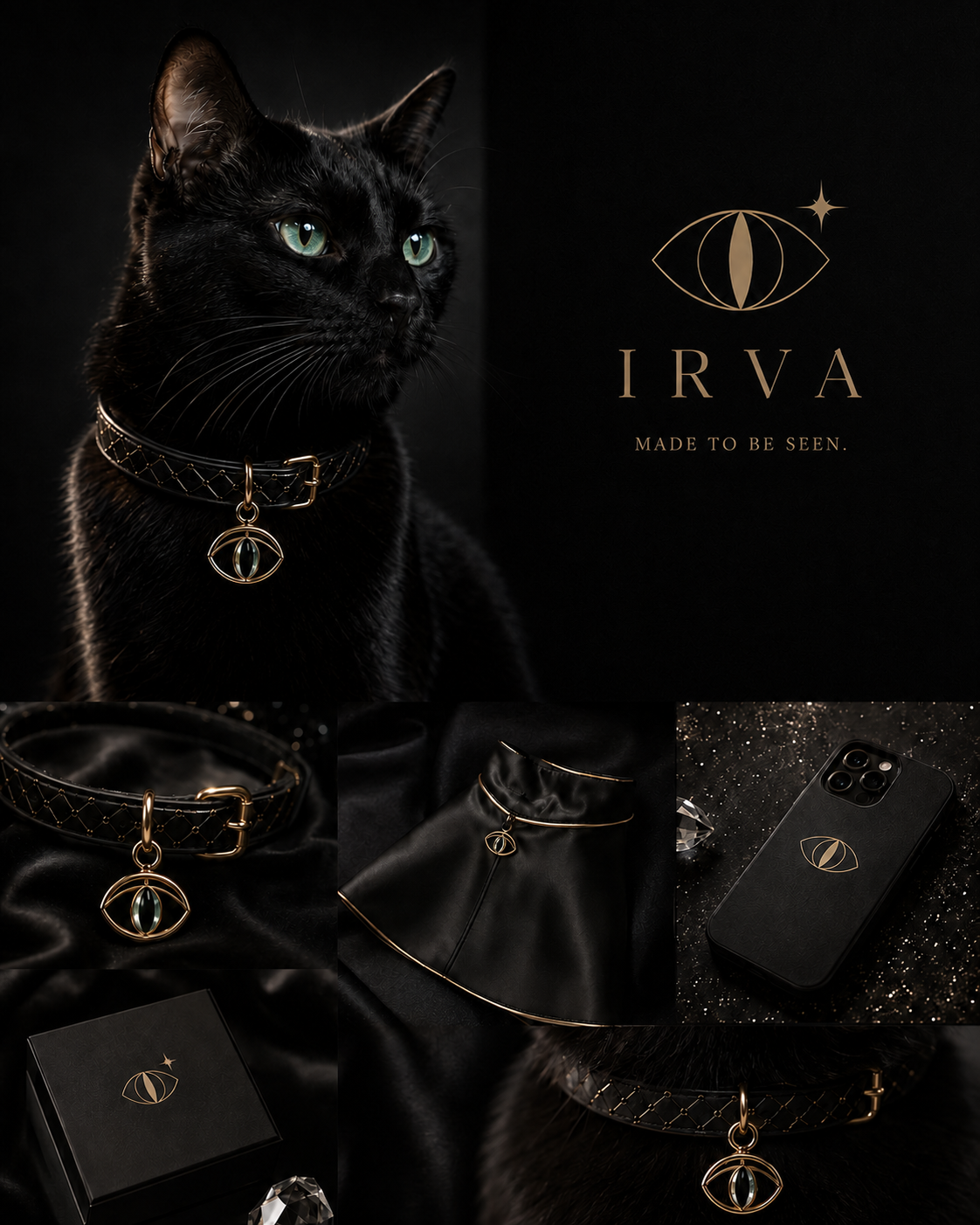 IRVA black and gold brand world with a black cat, eye collar, catwear, phone case, and gift box