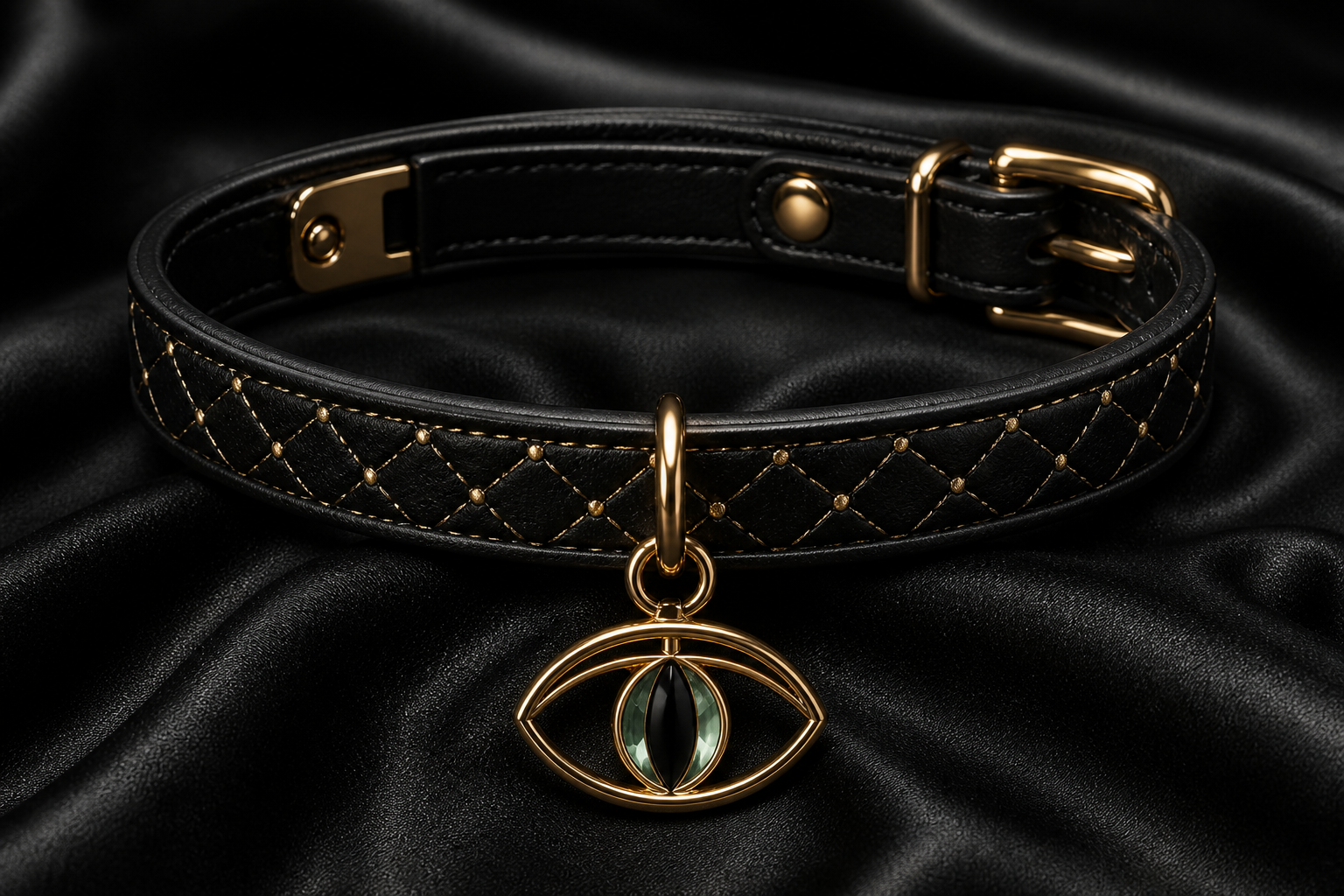 IRVA black leather collar with gold stitching, buckle, and green-and-black cat-eye pendant